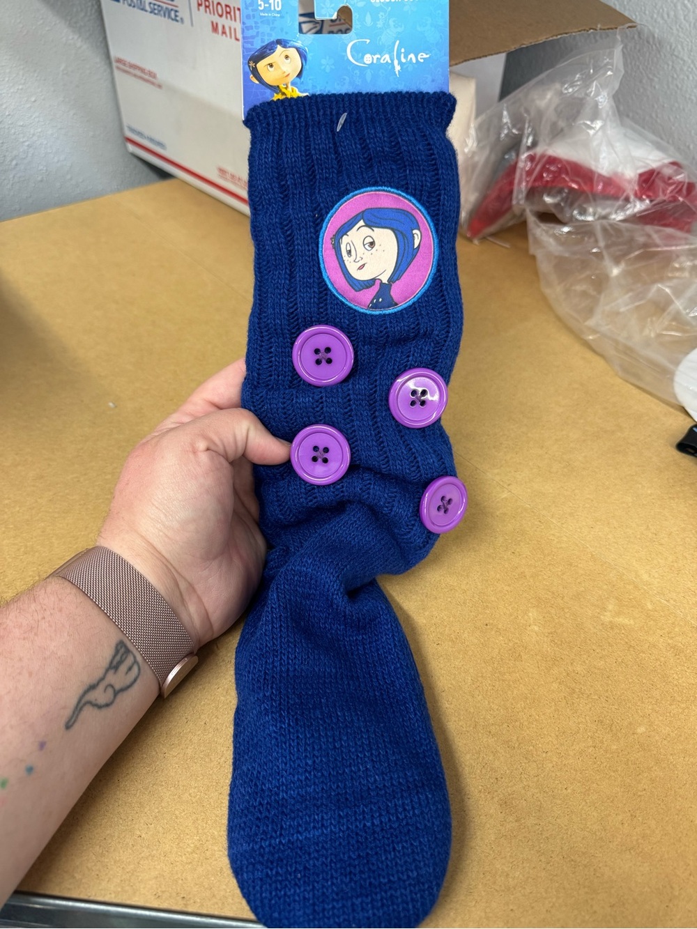 Navy Blue slouch Coraline Socks with Purple Button Accents